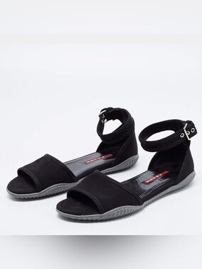 VGUC Prada Sport Flat Sandals Gabardine Nero Ankle Strap Canvas Black EU 38